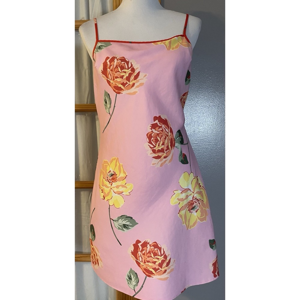 Victorias Secret Floral Mini Slip Dress Sz M Pink Satin Red Trim Spaghetti Strap